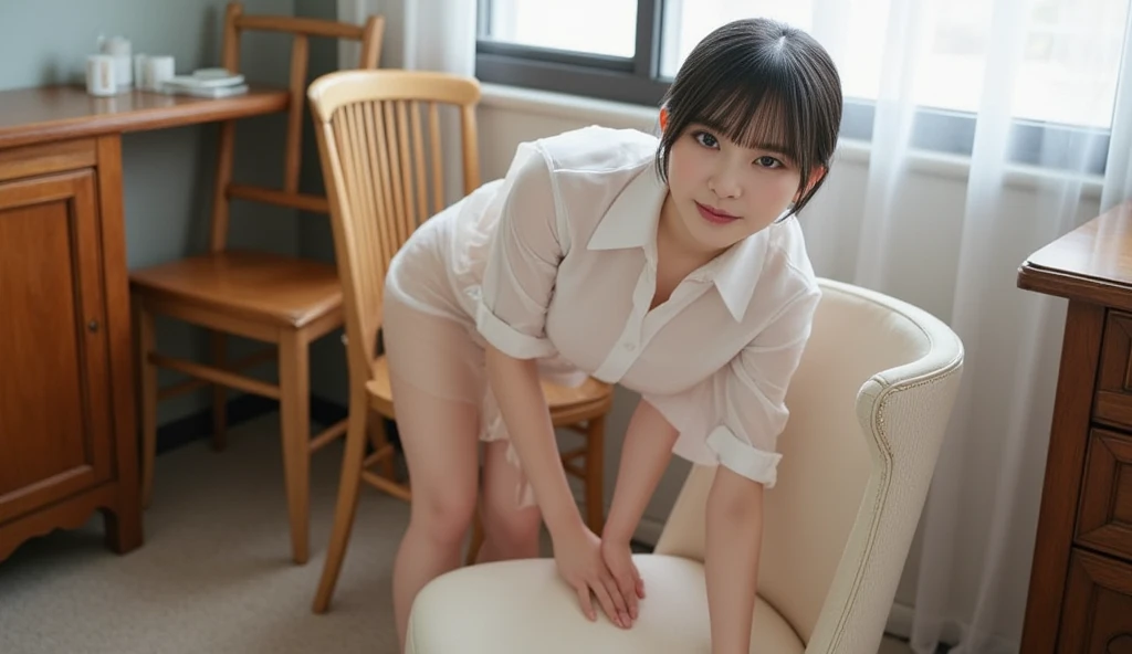masterpiece, best quality, 1girl, young, brown eyes, long light brown hair, (nice leg line: 1.3), thin waist, medium breasts, menstruating, menstrual blood running down the buttocks, using sanitary napkin, transparent panties, white pleated skirt dress, tie, high heels, bathroom, depth of field, looking at the viewer, squat, back, full body, legsupsexm