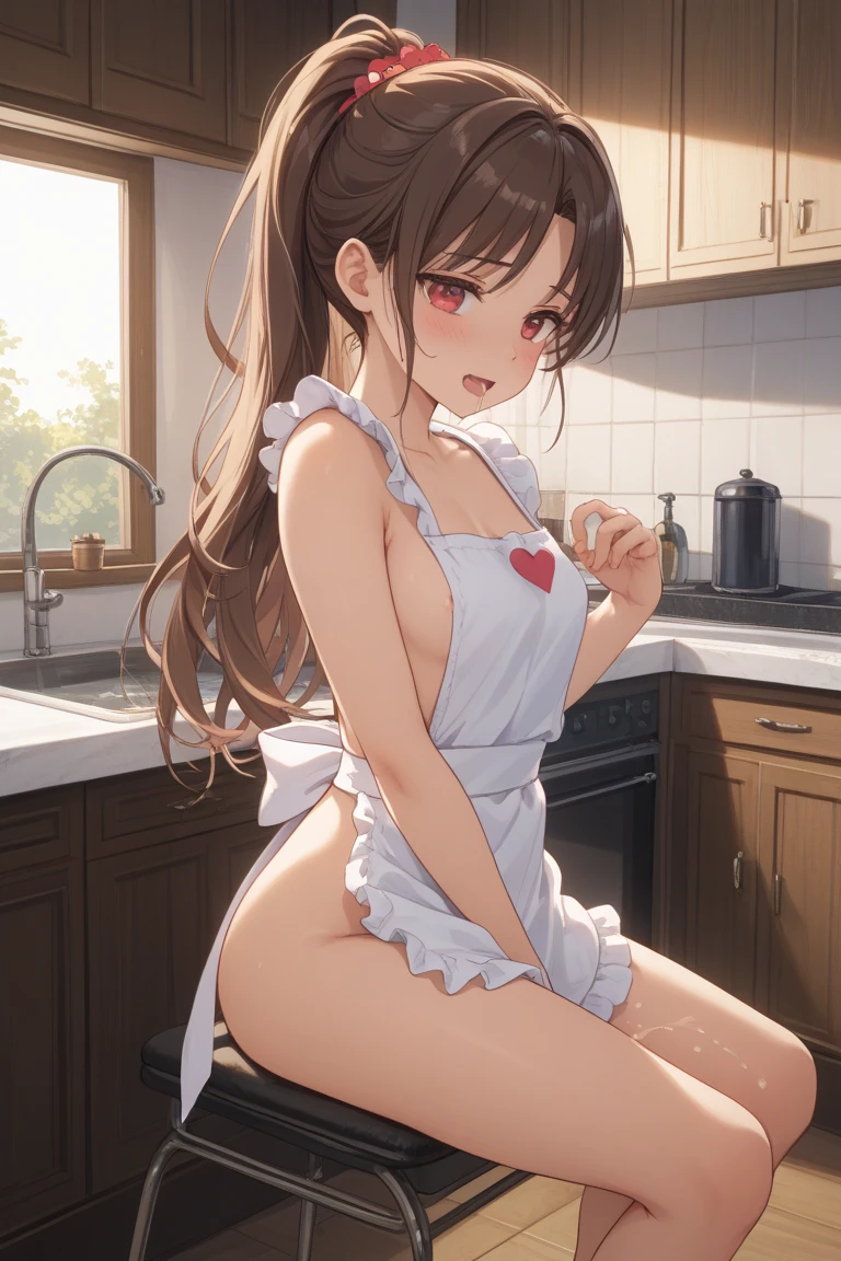 (((masterpiece, Highest quality, High resolution, 超High resolution, Perfect Pixel, Depth of written boundary, 4K, RTTX 10.0))), Beautiful Anime Woman, Beautiful art style, Anime characters, ((Smooth texture, Realistic texture, Anime CG Style)), Exact finger count、Exact number of legs、(Exact number of arms:1.0, Exact number of hands:1.0), (Perfect hands, Perfect Anatomy), Cinematic, Realistic, Extremely detailed CG, Daytime lighting, Perfect lighting, Best Shadow, The best natural light, whole body, Perfect body, バランのとれたPerfect body, Perfectly balanced style, Slender body, ((Long Hair, bangs, Reddish brown hair, ponytail)), ((Back view of a cute adult woman cooking:1.8)), (pussy juice:1.5), ((Bow tie around neck:1.3), (Sexy and cute white underwear:1.3), (Stylish shiny white satin panties, Side-tieFullback panties, Fullback panties:1.3), (Thin panties:1.3), (White micro lace satin bra, White bra with lace trim, Thin bra:1.3), (garter belt, Garter Strings, Knee socks:1.3):1.3), (Stylish kitchen, In the middle of cooking, Dishes lined up in the kitchen:1.5), naked, In underwear, (Frilly maid-like headband:1.2), Angle from directly behind, Fullback pantiesをはいた尻をクローズアップしたアングル