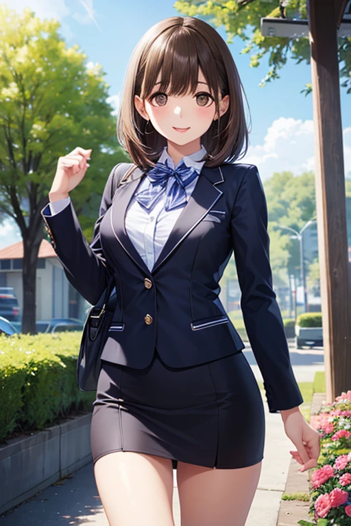 anegasaki nene、Shiny brown hair, short hair, (Beautiful brown eyes、Sparkling eyes, Fine grain)、smile、Ultra-detailed eyes、Highly detailed face, Highly detailed eyes,Cowboy Shot、
((4K, 8k, Highest quality, Perfect Fingers, High resolution)),
One beautiful woman, Laughter, smile, Beautiful woman, short hair, Woman wearing a grey shirt, Woman in a business suit, mini skirt, Small Necklace、Businesswoman