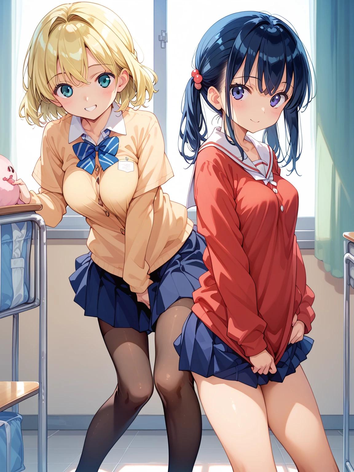 2 girls, smile:1.3, shirt, skirt, (small),((classroom:1.5))、、(blush:1.3)、((青いチェック柄のskirt:1.5))、Cowboy Shot、Blonde、(skirt lift:1.3),(Highly detailed panties:1.3)、(Highly detailed pink striped panties:1.3)、、(skirt that rolls up:1.3)、(Full-fledged panties:1.5)、,((Pure white cardigan))、Light blue eyes、Glowing Eyes