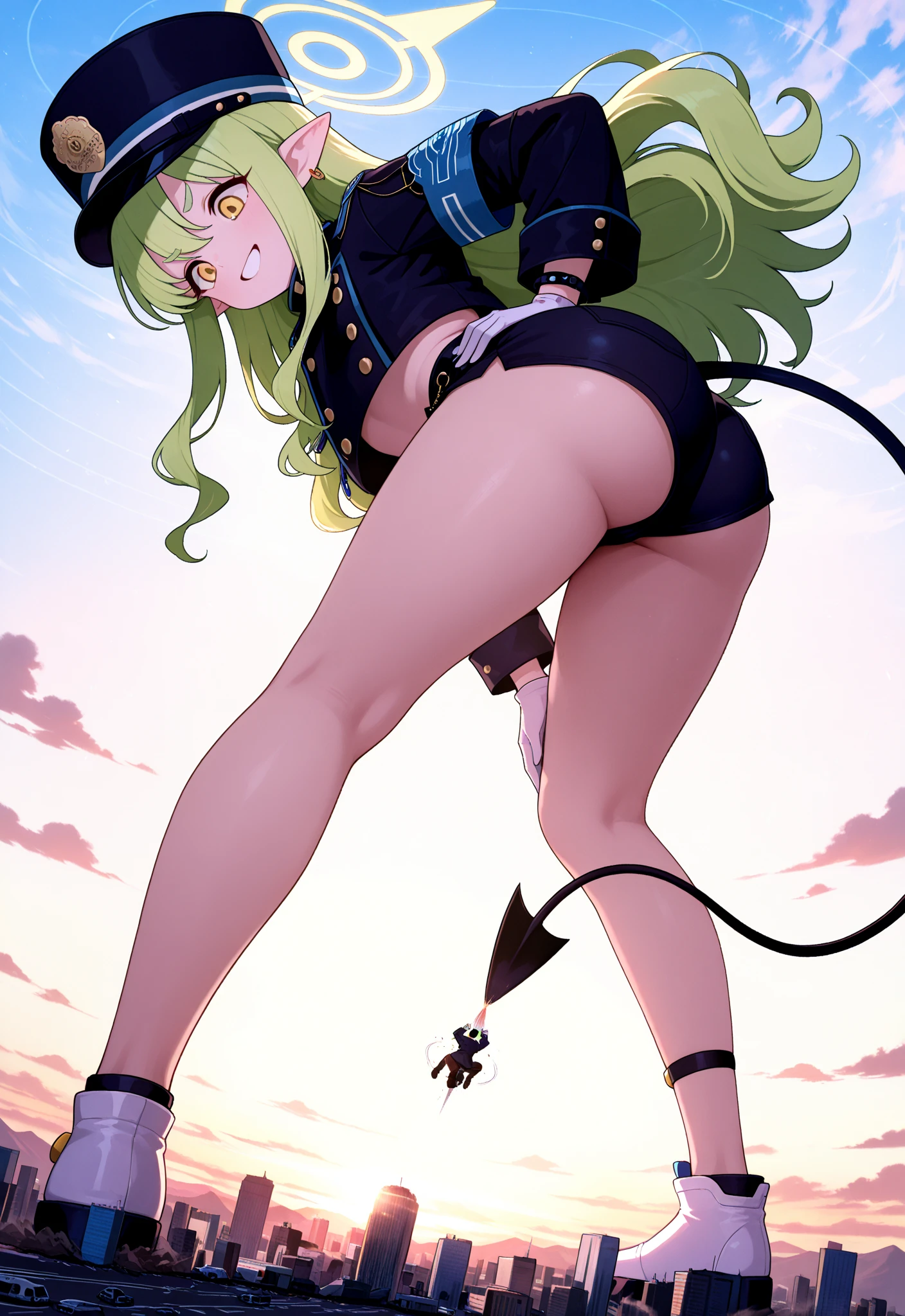 ((masterpiece)),(highest quality),Official Art,Highly detailed CG,unity 8k wallpaper,Super detailed,A lighthouse upon a cliff by the sea,One girl,alone,Upper Body,(Portraiture:1.2),View Viewer,Fingerless_gloves,green_hair,bandage_upon_foot,smile,bandage_upon_knees,China語_Clothes,Braiding,yellow_eye,hair_ornament,boots,short_hair,small_chest,China_dress,No sleeve,hair_ring,hairclip,Bell,From the back，just_shoulder,前hair,black_gloves,Women stink，fart，Turn your buttocks here