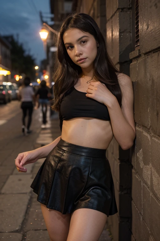 a woman, 25ear old, long brunette hairs,  textured skin, romantic smile, a lot of details, punk rock dress, grunge, ripped dress, black makeup