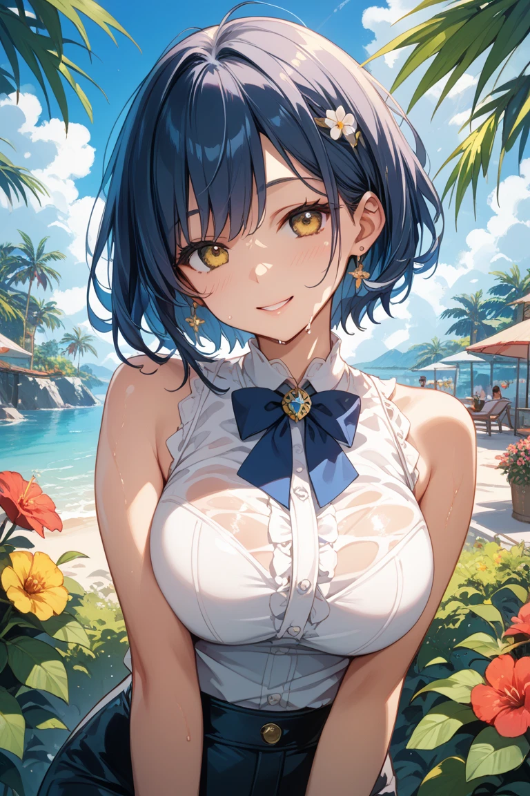 (((best quality)), ((masterpiece)), (details), masterpiece, best quality, high quality, ulutra detailed, perfect face, ((1girl, blue eyes, cat ears: 1.3 silver bob hair: 2.5,)) 、Shiny Hair、Glowing Skin、blush、Lustful look、smile、Sunflower print bikini、Sunflower hair accessory、Sunflower field background、whole body、Sexy pose