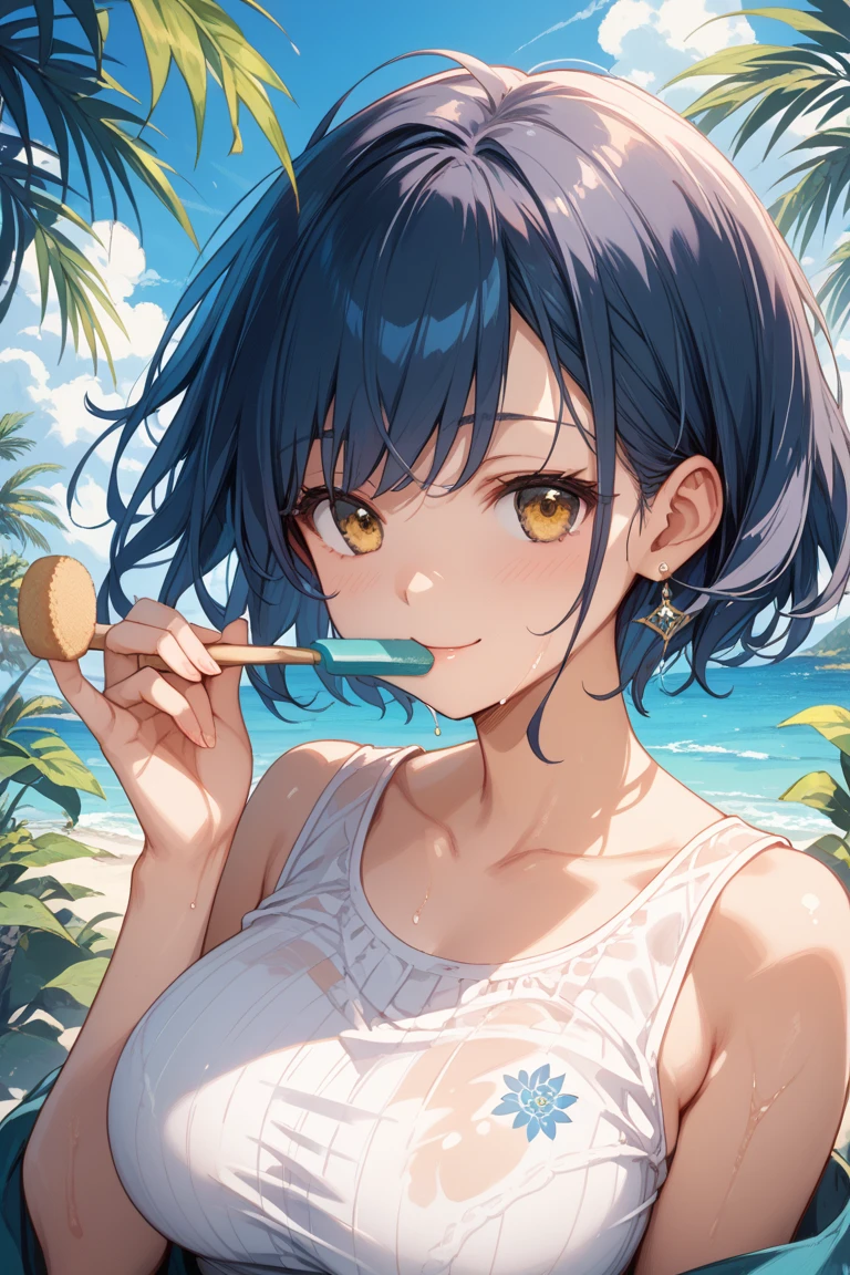 short haired girl half cat wearing bikini while licking an ice cream popsicle