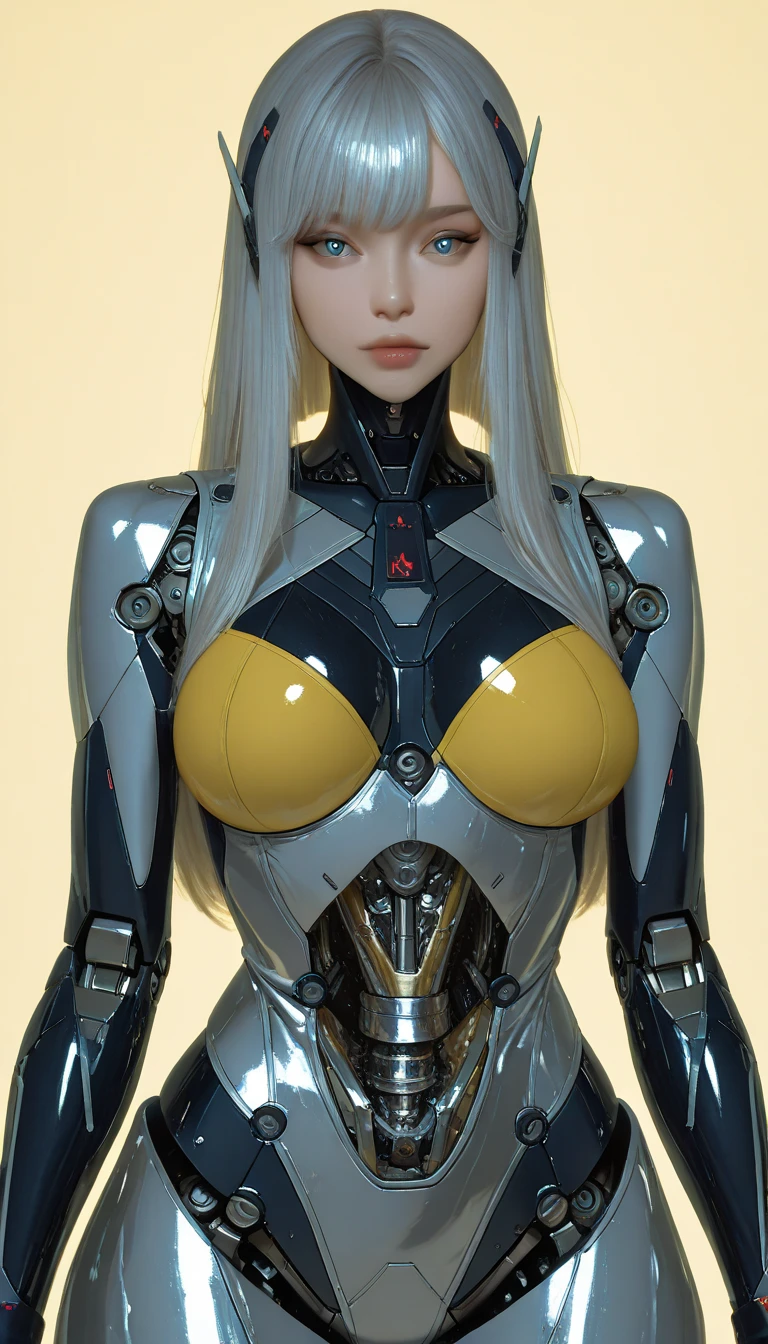 Beautiful Face,face is Japan, 1 Woman, Big, Curvaceous,(8k, RAW photo, top quality, masterpiece: 1.2)(Realistic, Photorealistic: 1.37) (Blood vessel attached to tube)((((Bikini Cyborg robot parts)))), (Light gray hair), Long hair, Wavy hair, Twin tails, Medium shot, ((Seductive smile) ), (Black Eyes), Hime Cut,From Below,(whole body),posing,,Inside the lab,( Blood vessel connected to a tube),((Mechanical vertebrae attached to the back)),((Mechanical neck attached to the neck)),(Wire and cable attached to the head and body),(Character Focus),Science Fiction,