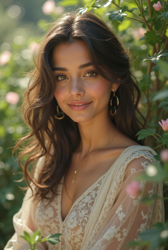 a beautiful woman, detailed face, beautiful detailed eyes, beautiful detailed lips, extremely detailed face and eyes, longeyelashes, 1 girl, elegant dress, flowing hair, serene expression, beautiful garden, lush foliage, colorful flowers, warm sunlight, golden hour lighting, cinematic composition, dramatic lighting, vibrant colors, photorealistic, highly detailed, (best quality,4k,8k,highres,masterpiece:1.2),ultra-detailed,(realistic,photorealistic,photo-realistic:1.37),HDR,UHD,studio lighting,ultra-fine painting,sharp focus,physically-based rendering,extreme detail description,professional,vivid colors,bokeh,portrait