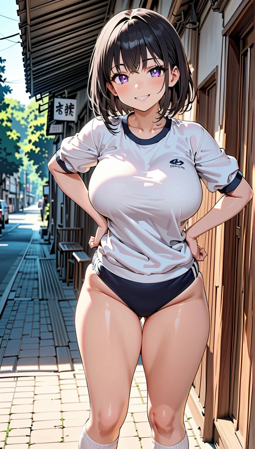 Chica jovencita, brown hair with two red pigtails, arrodillada chupando un pene muy grande (largo y ancho) con muchas venas de dos hombre musculoso, sonrojar, remera apretada con escote, pechos muy grandes, translucent tight leggings, cintura fina, caderas grandes, tetas salpicada de mucha leche (chorrea, espesa)