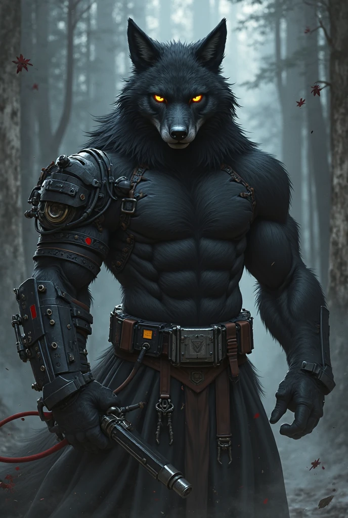 A werewolf stands towering in an abandoned haunted lost city. Moonlight highlights your muscles and scars. The scenery is lush and mysterious, with dark city and surroundings. The camera details everything, a warrior woman, in front of him.
