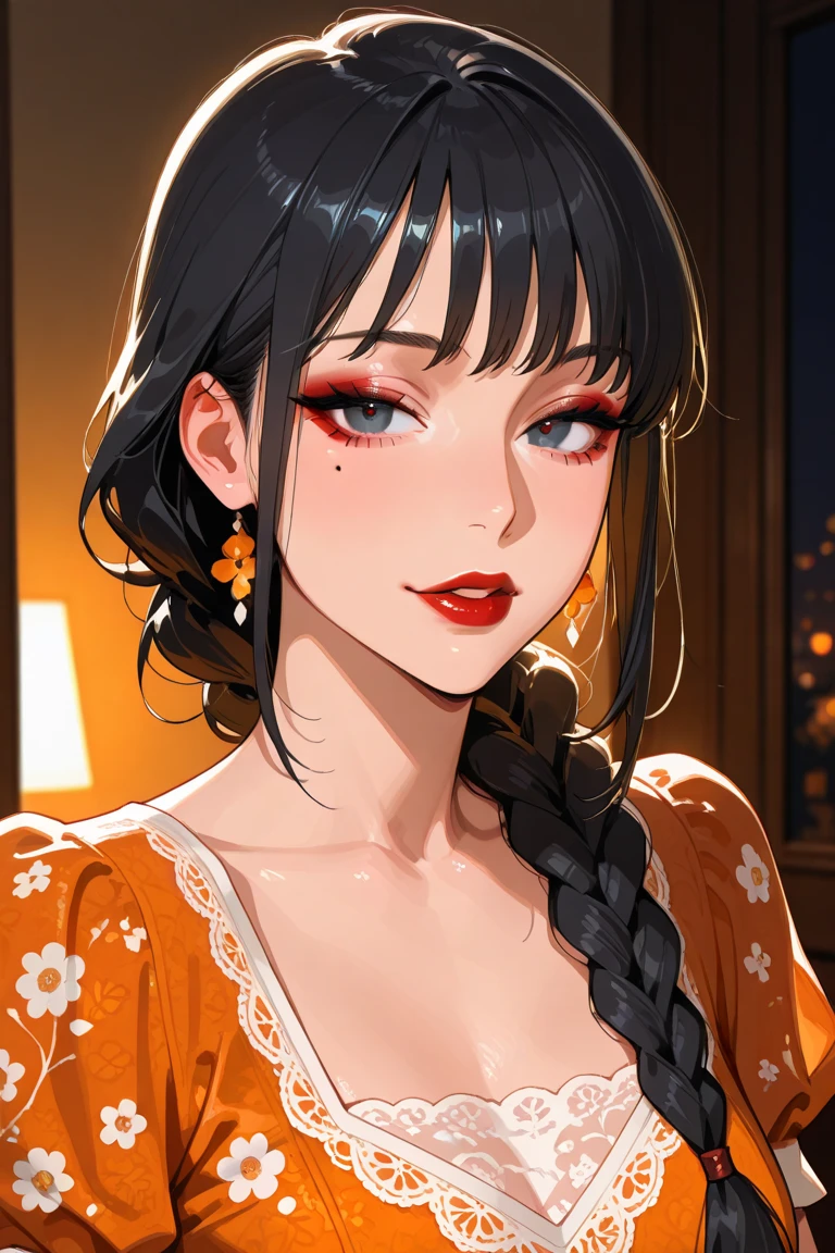 Glamorous,Sexy,Married Woman,side braid,Black Hair,Face red,Shy,lipstick,Wearing earrings on one side,Big breasts,cleavage,Bedroom,Darkness all around,Orange lace,Sweat,Orange lace,White mucus all over body