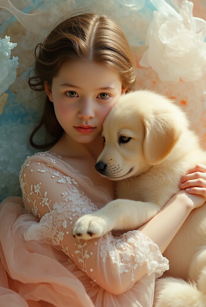 A 6-year-old beautiful girl painted in an oil painting style reminiscent of an impressionist painting.。She is fair-skinned and、With long blonde hair、She is wearing a gorgeous Rococo dress.。

The 6-year-old girl  has a 6-month-old puppy,

She picks up a small animal and puts its cheek against hers, pampering it.

and the puppy is cute, fluffy, and sweet to her.

The backdrop is a magnificent, gorgeous, cinematic palace。Gentle light Garden.She is looking at me and smiling。
