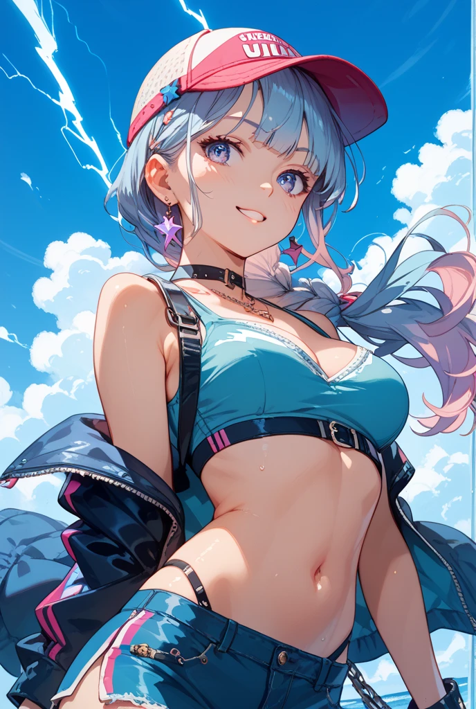 (((1girl))), hands up, long hair, tank-top, jacket, open shoulder, cowboy shot, bikini, medium breast, red background, open mouth, stick out her tongue out at viewers, red eyes, flushed, Focalors