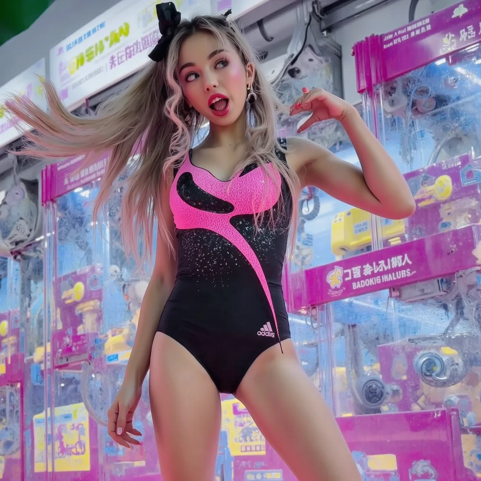 (8K、highest quality、masterpiece:1.2)、(realistic、フォトrealistic:1.37)、Super detailed、super realism、anatomically correct、robot、mechanical fuselage、((Neon sign attached to the main body))、(((((sensor embedded in the body)))))、cyber punk、(((The right hand is a state-of-the-art prosthetic hand)))、sexy、go barefoot、micro bikini、2001: space travel、no gravity、(((Change of clothes)))、(((((映画の2001年space travelの背景))))、(((((neon lights))))) 、(((((whole body from the thighs up)))))