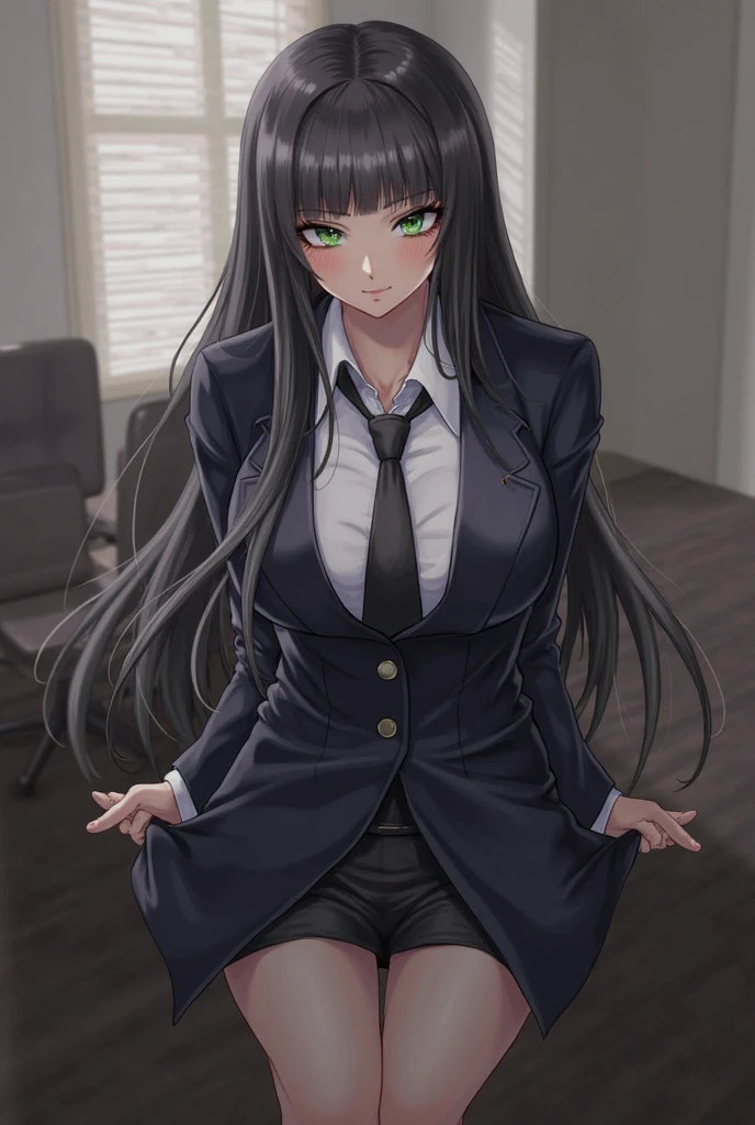 A woman with very long black hair, (very long hair:1.25) and (long bangs:1.5), wearing a business suit with a long pencil skirt and pantyhose, standing. The artwork is inspired by manga and incorporates a doujin style. The woman appears to be (wetting herself:1.5), which causes her to feel embarrassed and humiliated, resulting in a blush on her face. In addition, there is an air of anger in her expression. The lighting in the scene is moody, with a spotlight highlighting the woman's figure, Her arms are crossed (crossing arms:1.5), showcasing a very large pee stain that covers almost the entire front of her pencil skirt., large breasts, skinny