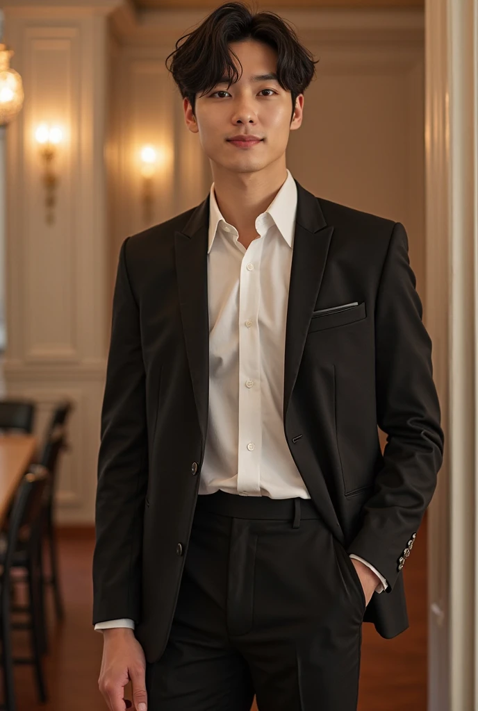 (Masterpiece、Perfect beauty), (Young Man, Black short hair, smile), (secretary, suit), President's office, Modern Office, night