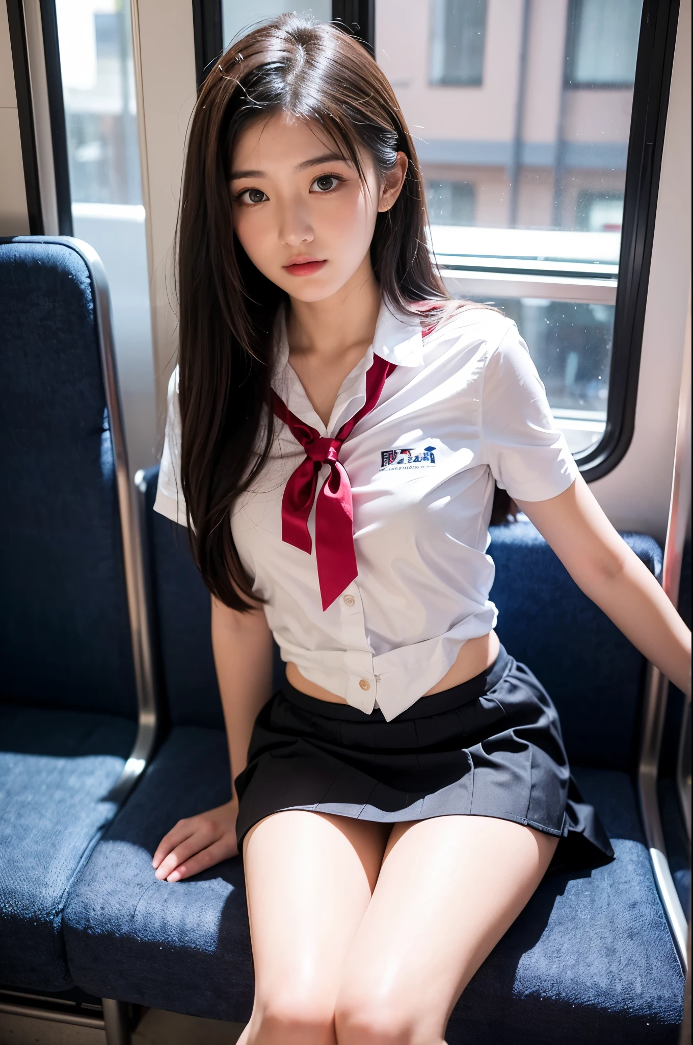 top-quality,ultra - detailed,tmasterpiece,hentail realism,photoreali,Bright lighting,1 girl in, an extremely beautiful 17-year-old girl, (kawaii:1.2),thin smile, (Brown eyes),(A brown-haired),(By bangs),perfect glossy shiny skins,Flawless skin,((erotick,Sexy and sexually explicit)),((Precise pointers,There is no incongruity)), Large full breasts,Big breasts Thin waist, looki at viewer,((a sailor suit)),((Short sleeve uniform white shirt)),(red necktie),(Blue mini pleated skirt),(((skirt lift by yourself))),(lifted by self),(showing panties),panties on,panty focus,((Sit up,spread their legs)), sockes, (Black Knee Socks),(Loafer shoes), In the daytime,On the train,Horizontal bench seat,Turn your back to the window