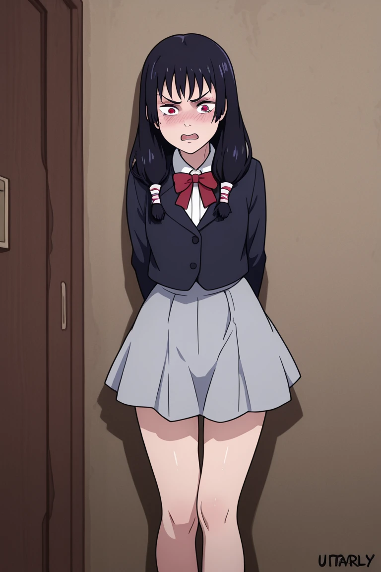 scowling face,cowboy shot,thin legs,standing,very young girl,extremely skinny girl,front shot,flat chest,long twin tails,black hair,red ribbon,(pink panty:1.0),panty stain,(navy colored sailor uniform1.0), (navy colored skirt:1.0),white knee socks,burst out skirt,up skirt,panty shot,from below,ground level shot,15yo girl