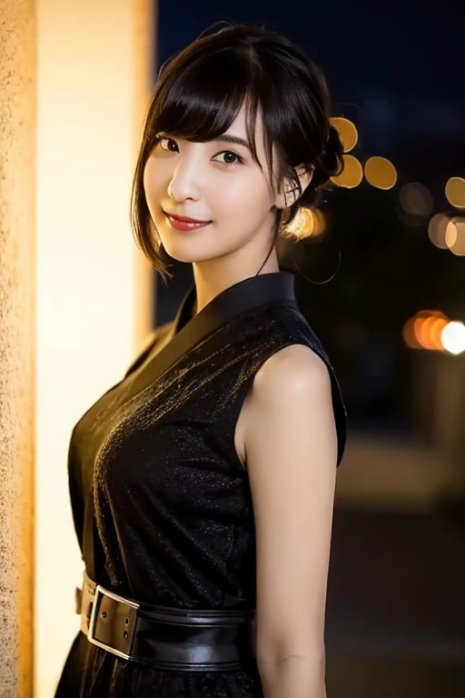 (night, Soft lighting, Highest quality, 8K, masterpiece, RAW Photos: 1.3),mysterious, Beautiful woman, Fantasy, Red colored eyes, Narrow eyes, Thin slit eyes, Symmetrical eyes, (Highlight Color Hair, Shortcuts, Bob Cut Hairstyles), Earrings, Thin bracelet on wrist, ( Cleavage, whole body, Sleeveless shirt with collar, Button-collared shirt, Tight pants: 1.2), Super detailed, Intricate details, Highly detailed face and skin tone, slender body, whole bodyタトゥー, whole bodyに入れ墨, Realistic, compensate, intellectual, Fascinating, Alluring, Beautiful standing posture, Small breasts, nightの街, Invincible Smile, Dynamic Angle, dynamic, Slim legs, Thin legs,