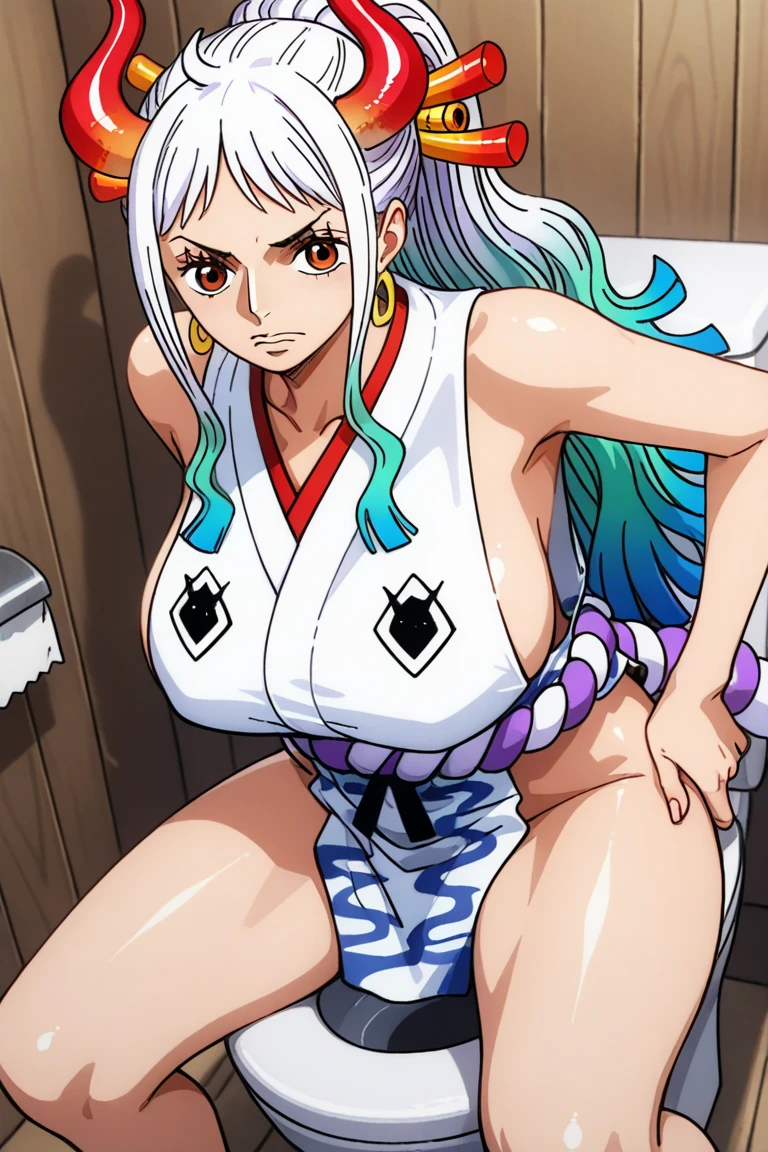 shrine、(Yamato from One Piece)、White Hair、Green Hair、Gradient Hair(Obscene body)、Sweat、Hanging from a rope(Tied up with rope)、Spread your legs、sit、Showing off your armpits、blush、Angry face、Open your mouth、pubic hair、A tight, muscular body、Big Tits、Big Ass、tall