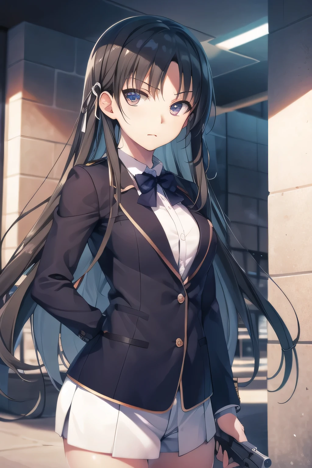 's face, which is big but has a 細い腰, もっと繊細に ,Can you draw a 図 holding a gun in person,Can you draw a 図 holding a gun,ライフルを構えて戦う図を描けますか,図,建物内部, 私は長い黒髪です,より繊細な表情を描いてください,, , 大きな胸, 細い腰 , , ,顔は絶対に必要です,彼女の手と足を正確に説明してください,校舎内,