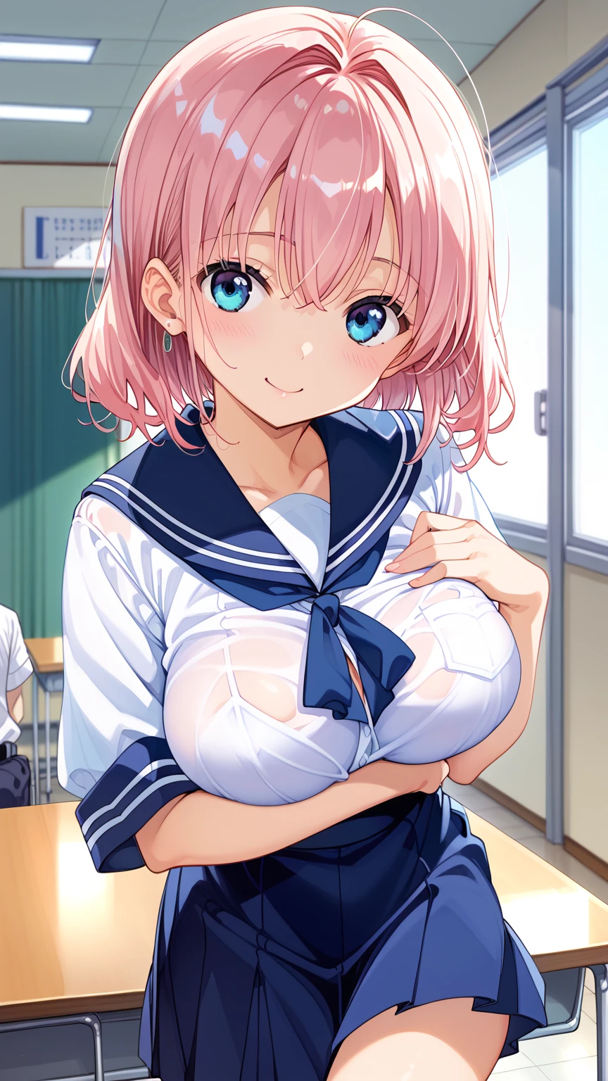 (best quality), ((masterpiece)), (highres), extremely detailed girl, solo,High Detail,beautiful detailed eyes, (ultra-detailed) ,illustration, best lighting, hair ornament,(nice pose),(nice angle),(dynamic pose),(dynamic angle)(full background)
(1girl), ),blue eyes,,smirk,blush,shy,short hair, small girl,(skinny),(big breasts),tickling,
,handpull,pulled by self,clothes pull,shirt pull,flashing,one breast out,no bra,cleavage,selfie,looking at viewer,smile,blush,(nipple),(nsfw), serafuku, sailor collar, necktie,
butterfly hair ornament,smile, blue eyes, hair ribbon, large breasts, red hair, blunt bangs, black ribbon,short hair, thighs, two side up,