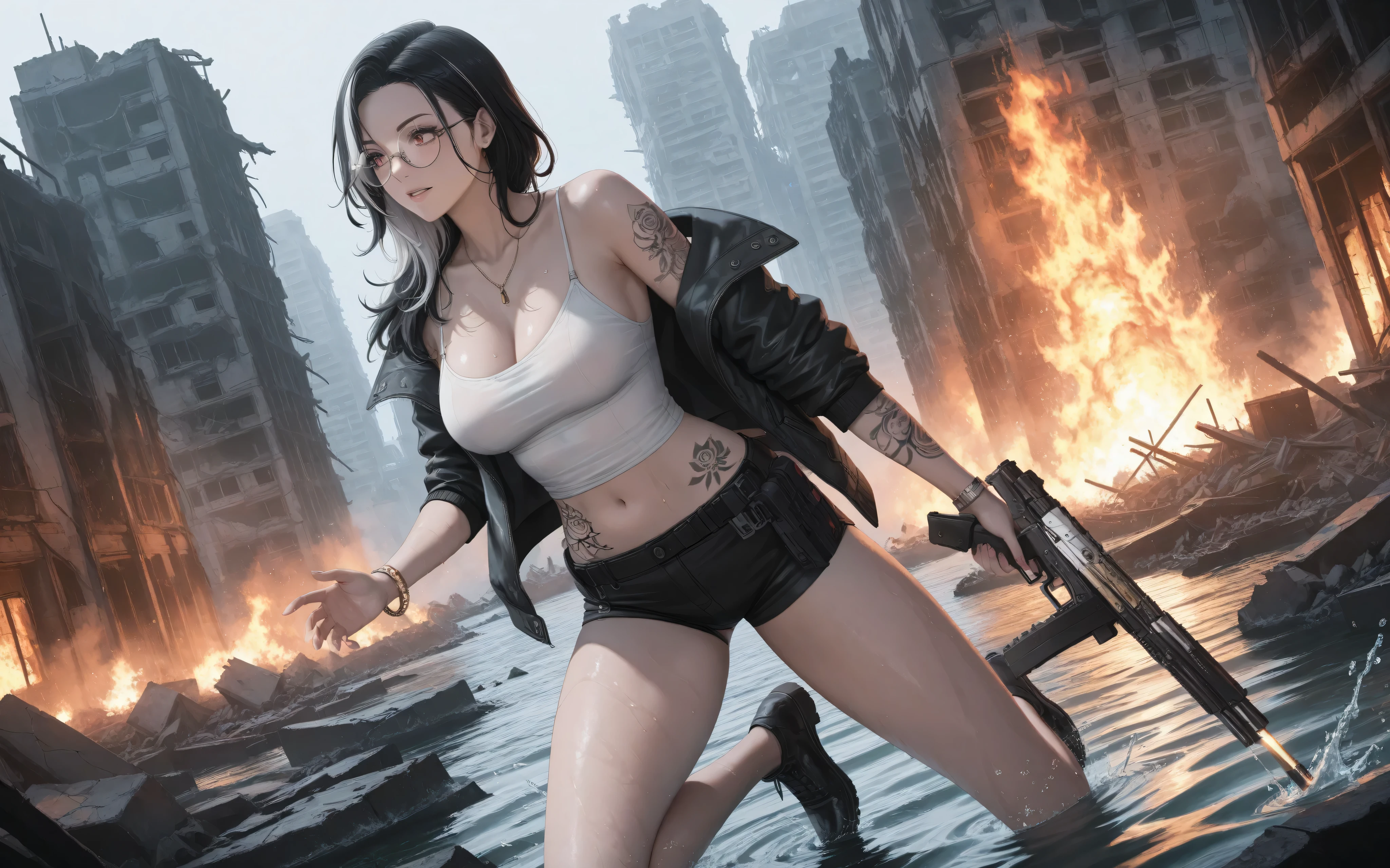 (NSFW:1.1, best quality:1.2, masterpiece, correct anatomy, detailed hand). a realistic image, extremely sharp focus, crisp details, high resolution, 4K, 8K. low light, cinematic lighting, dramatic light, cool color tone. (correct anatomy and detailed hand). 1girl, solo. side view, dutch angle, dynamic pose, full body. a detailed, high quality rendering of Rosanna - NIKKE. wielding a weapon. wears beautiful, detailed round eyeglasses. wears a white camisole, jacket and shorts. she has a beautiful . has a beautiful face details, a beautiful detailed red eyes, two tone hair color, white and black hair, left upper arm tattoo, lower right arm tattoo, left hips tattoo, detailed hands, five fingers, real human skin texture, her expression is gentle. building ruins, burning building. flood, water splash. the background has highest detail, detailed background and depth of field.