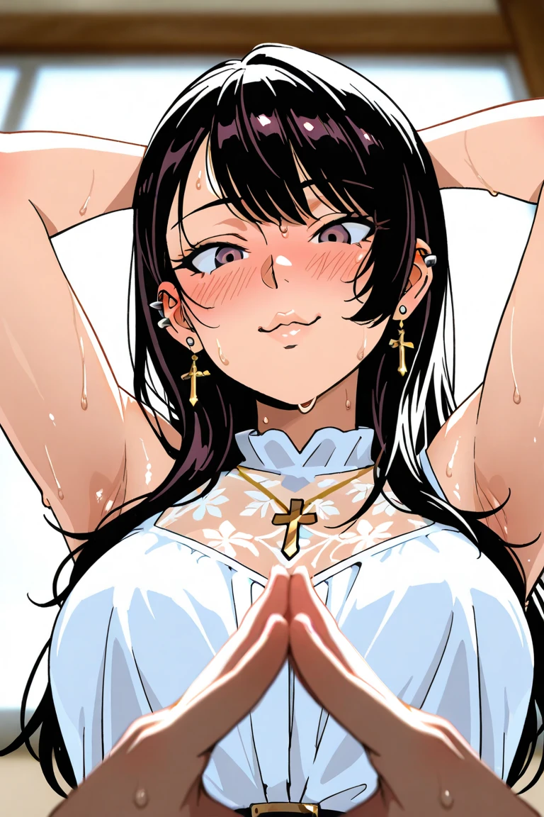 masutepiece,Best Quality, (Maam. clerk:1), ((Portrait:1.3)), cross arms, Smile,The temptation of a deep V-necksuit,Long legs,Skin hyper detail,Clear pores,in a panoramic view,Beautiful young Japan woman over 40 years old, Perfect face, Great appearance, (detailed facial features), (up hair:1.3),Clean and nice face、 (Huge breasts:1.4),(Hotel Suite:1.5)、a necklace,