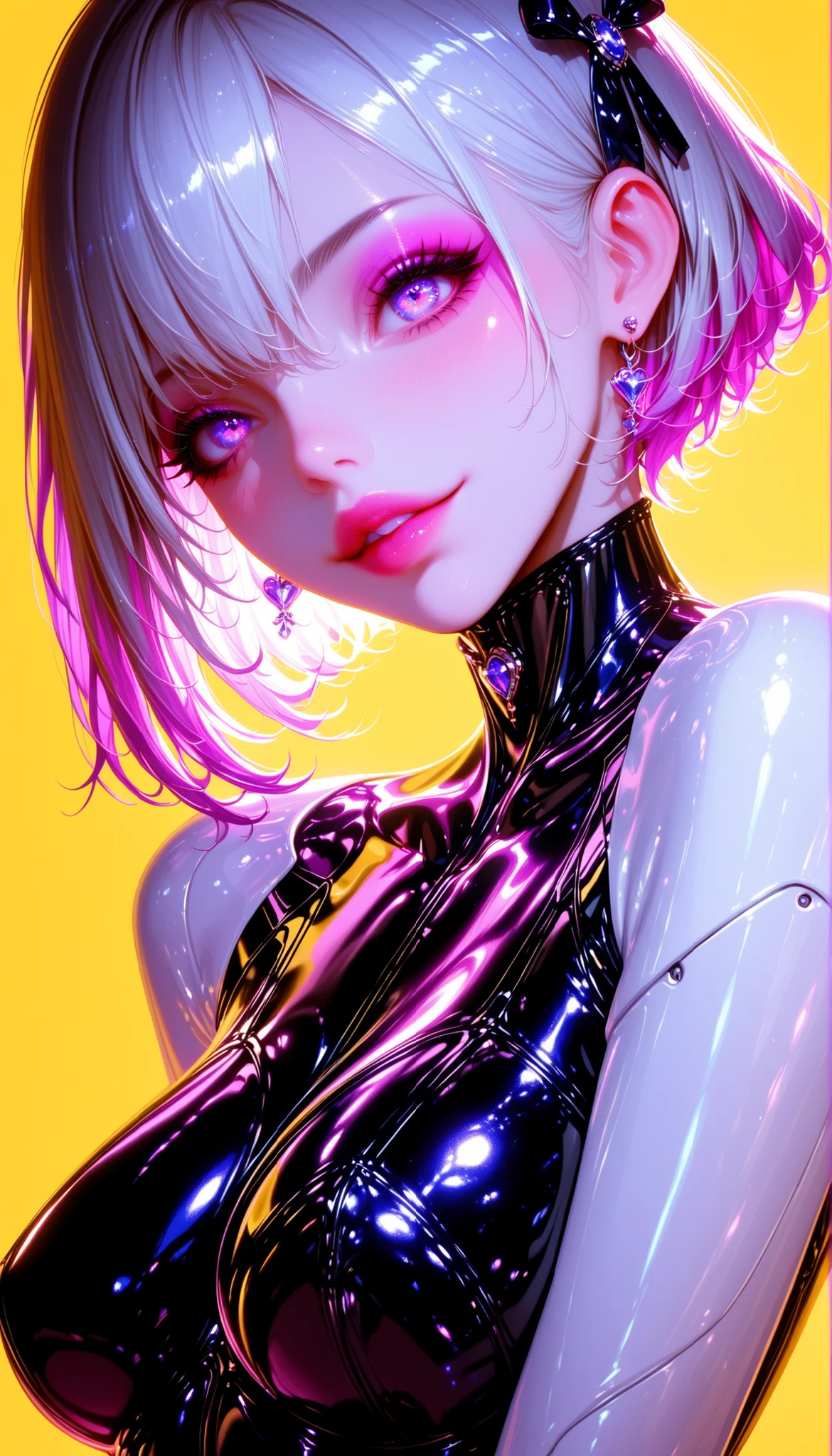 A futuristic female humanoid robot with a sleek, minimalist design, standing against a solid bright yellow background. The robot has a human-like face with delicate features, striking silver hair styled in a modern, slightly messy fashion, and luminous blue eyes. Its body is made of smooth, glossy, metallic silver material that mimics human skin, with subtle joint details at the shoulders, elbows, and hips. The robot's arms are elongated and seamlessly integrated with transparent, mechanical-looking parts that reveal intricate internal circuitry. The overall aesthetic is elegant and high-tech, blending organic human features with advanced robotic elements. The lighting emphasizes the shiny, reflective surface of the robot's body, creating a futuristic and surreal atmosphere.