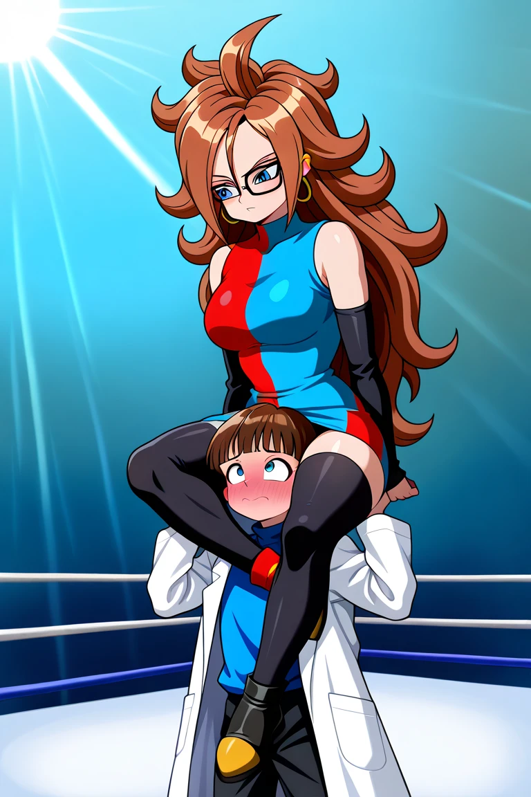 ((1girl, tall stature)and(1shota boy,short stature)),hetero, (1girl,tall stature),(fighter:1.2)(long hair,wavy hair),orange hair, blue eyes, lerge breasts,pale skin,shiny skin,(ahegao),(trembling), erectile nipples, BREAK ((She wears fetish clothing, rubber clothes, black latex bodysuit with straps and belts, long white latex gloves with straps, latex high heels)), cum in pussy,(cum on clothes:1.4),cum on breasts,cum on body,cum facial,bukkake,cum in mouth,cum on hair,(excessive cum), BREAK (1shota boy,short stature:1.4),((sumg)),small penis, dark-skinned shota boy,interracial,(rape,1shota boy hold head),clothed sex,intercourse with a shota boy, (wrestling ring), (((masterpiece))),(((best quality))),((ultra-detailed)),(illustration),((an extremely delicate and beautiful)),(detailed background),