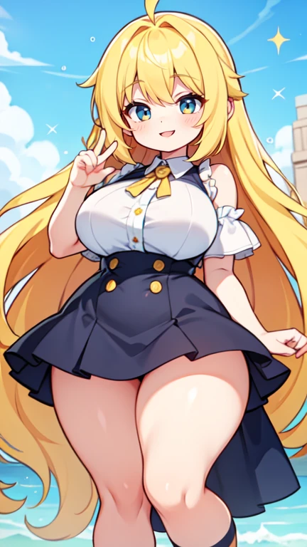 (Best quality), (top quality), (masterpiece), (portrait), (aesthetic), (beautiful), (high quality), (professional angle), (rule of thirds), (Feminine), (woman), (female), (beautiful lady), (big ass), (long hair), (large breast), (masterpiece), (portrait), (aesthetic), (beautiful), (high quality), (professional angle), (rule of thirds), (Feminine), (woman), (female), (beautiful), (feminine features), (blonde) Drawing of a pudgy teen of late adolescence with rosy cheeks, brown eyes, creamy blonde hair. She is in a white dress with a prominent bow on her waist; she is wearing black dress shoes. She has muscular, toned, realistic feet and legs. Her legs are thick, fat, chubby, meaty, voluptuous, curvaceous, long, Rubenesque and plump. Her fat legs have varicose veins. She is posing with both hands making victory sign and with one leg up. She is embarrassed and her legs are crossed. The world's sexiest beautiful beauty, flesh-colored tights, soaked all over, cinematic texture, best quality, movie poster, soft lighting, warm colors.