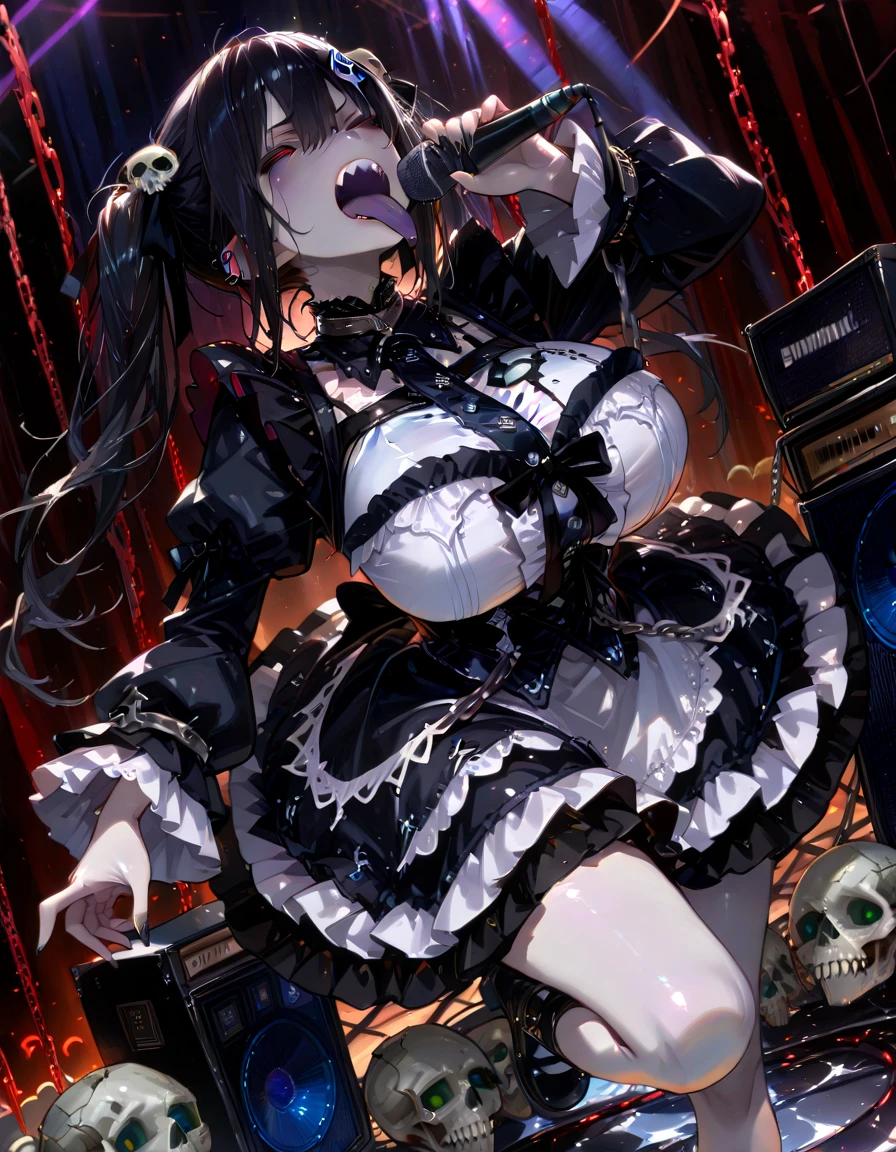 ((Highest quality)), ((masterpiece)), ((detailed)), a girl who is dressed as witch or maid with chains on her, 1girl, maid, 独奏, BDSM, bound, bondage, chain, maid headdress, long hair, breasts, gag, blackblue hair, clenched teeth, blush, rope, (torn clothes), gagged, pantyhose, restrained, arms behind back, large breasts, looking at viewer