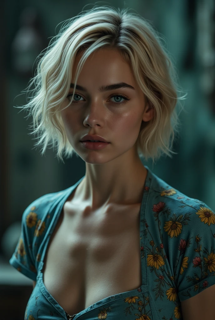 Top Quality, Masterpiece, High Resolution, 8k, (((cute barely legal girl in oversized silky babydoll with plunging neckline, wide neckline, deep neckline, small perky breasts, beautiful detailed eyes, beautiful detailed lips, small closed mouth, extremely detailed face, pale skin, random short hair style, straight hair, short pixie cut hair, small hips, in cyberpunk apartment, next to bed))), moody atmosphere, dramatic and random neon colors, futuristic setting, intricate details, at night, backlit, random neon color, full body shot, view from distance, Sexy standing pose,full-body portraits