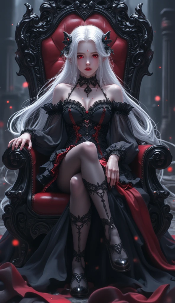 (master piece), (best quality), a vampire, vampire woman, with platinum hair, long hair, heavy and platinum hair, very white skin, skin as white as snow, red eyes, ruby ​​eyes.  [(pose: sitting on a throne, legs crossed, hands crossed on the knees,.(sitting sideways),(looking forward), silk throne, (white silk, red silk)]. [(Clothes: ( black dress), (large neckline), irregular edges, gothic and sexy style, marked breasts, long cut dress, (exposed legs), high heels,.stiletto heels.)], [(lighting: volumetric lighting), back light, soft light.- 4k