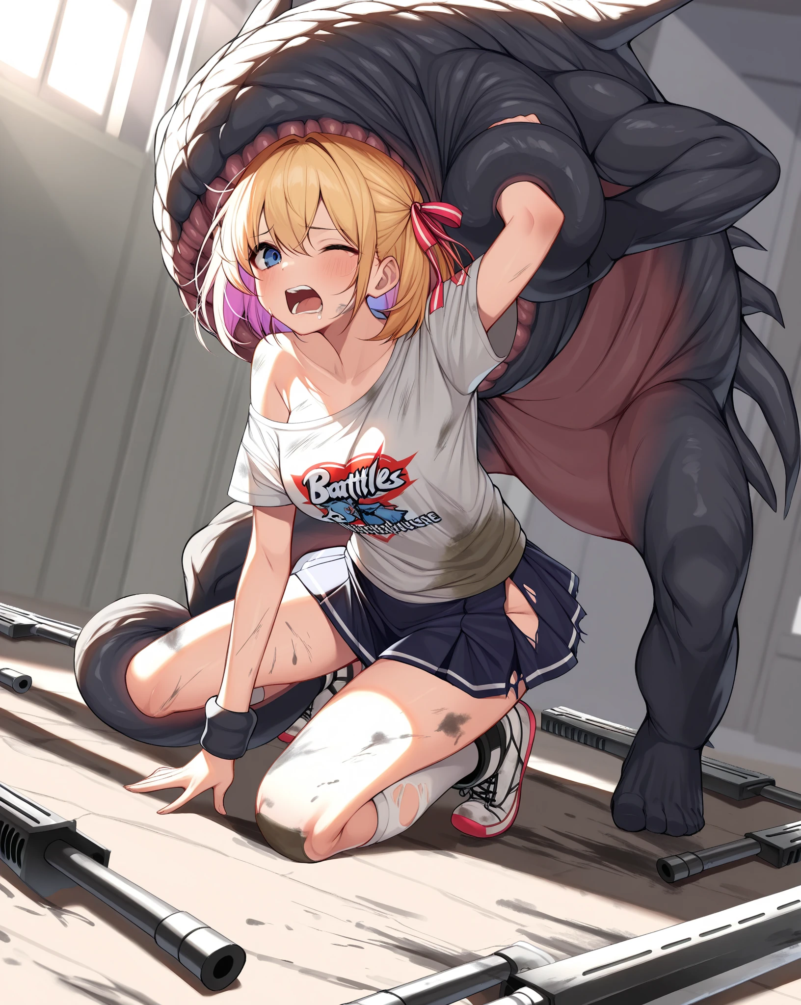 masterpiece, best quality, 1girl, chibi, climbing wall, blonde, blue eyes, crying, surprised, torn shorts, nude ass, (ass chewed by grey wolf)