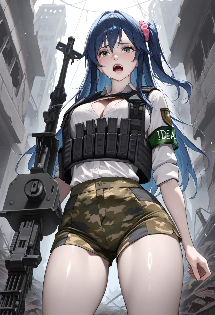 1girl, humanization, tank girl, (weapon), (long gun), little girl, city background, metal waltz, white panties, camel toe, cleft of venus, armor, armored girl, green clothes, glasses, soviet girl, pink hair, soviet uniform