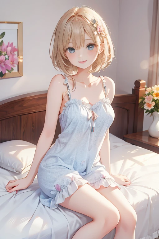 ​master piece,Best Quality, Solo Lady,20yr old, Beautiful eyes,Cute, cream eyes,Mouth wide open,huge smile,girl's own room,cream nightdress,detailed  clothes,cream - colored room, Short hair, flipped hair,cream colored Hair, blushing