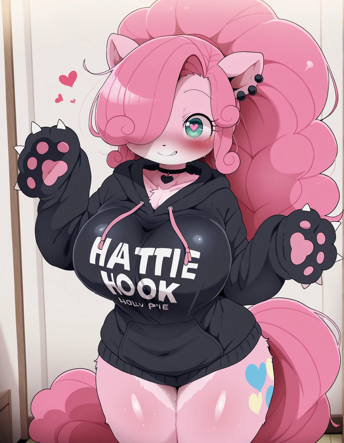 (((1girl))), (red hair), (extremely long hair), (curly hair), (ahoge), (blunt bangs), (twin pigtails), ((((dark skin)))), ((moonlight eyes)), ((vibrant eyes)), (accentuated super huge enormously gigantic , cleavage showing), (thick thighs), ((thick lips)), ((wide hips)), (thighhighs), (short shorts), ((pink)), ((lace)), ((long eyelashes)), super detailed, ((best quality)), highres, UHD, textured skin, (indoor)), luxurious bedroom, ((holding stuffed animal)), (((sexy seductive smile))), ((smug)), full of lights, Real Human, huge tit, ((bear ears)), ((((looking up)))), ((looking at viewer)), ((crop top t-shirt, short shorts)), ((tattoo sleeves and piercings)),