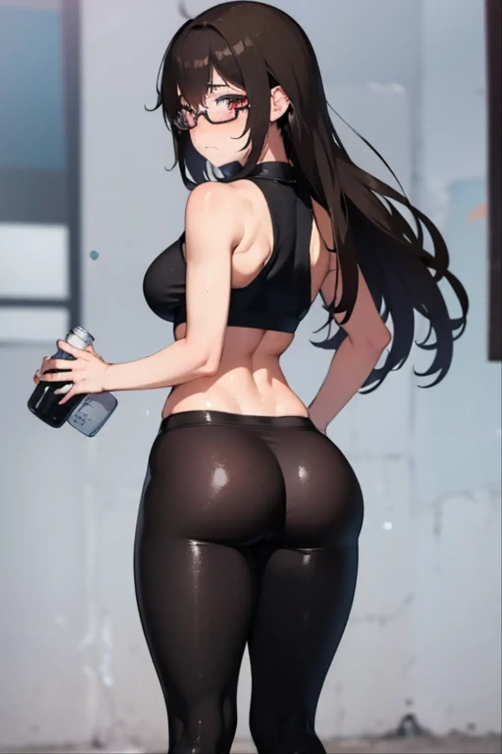 1 anime girl, YOUNG, hips, normal thighs, normal ass, tight sweaty leggings, sweat, back view, bare belly, huge bare breasts, gym background, turning to look back, Brown hair, glasses, drinking water, extended left arm, hand grabbing bottle, right hand grabbing a buttock, buttock being grabbed, hand taking buttock, hand squeezing buttock, provocative, blushing, frowning expression, sexy, high quality, by the taken.