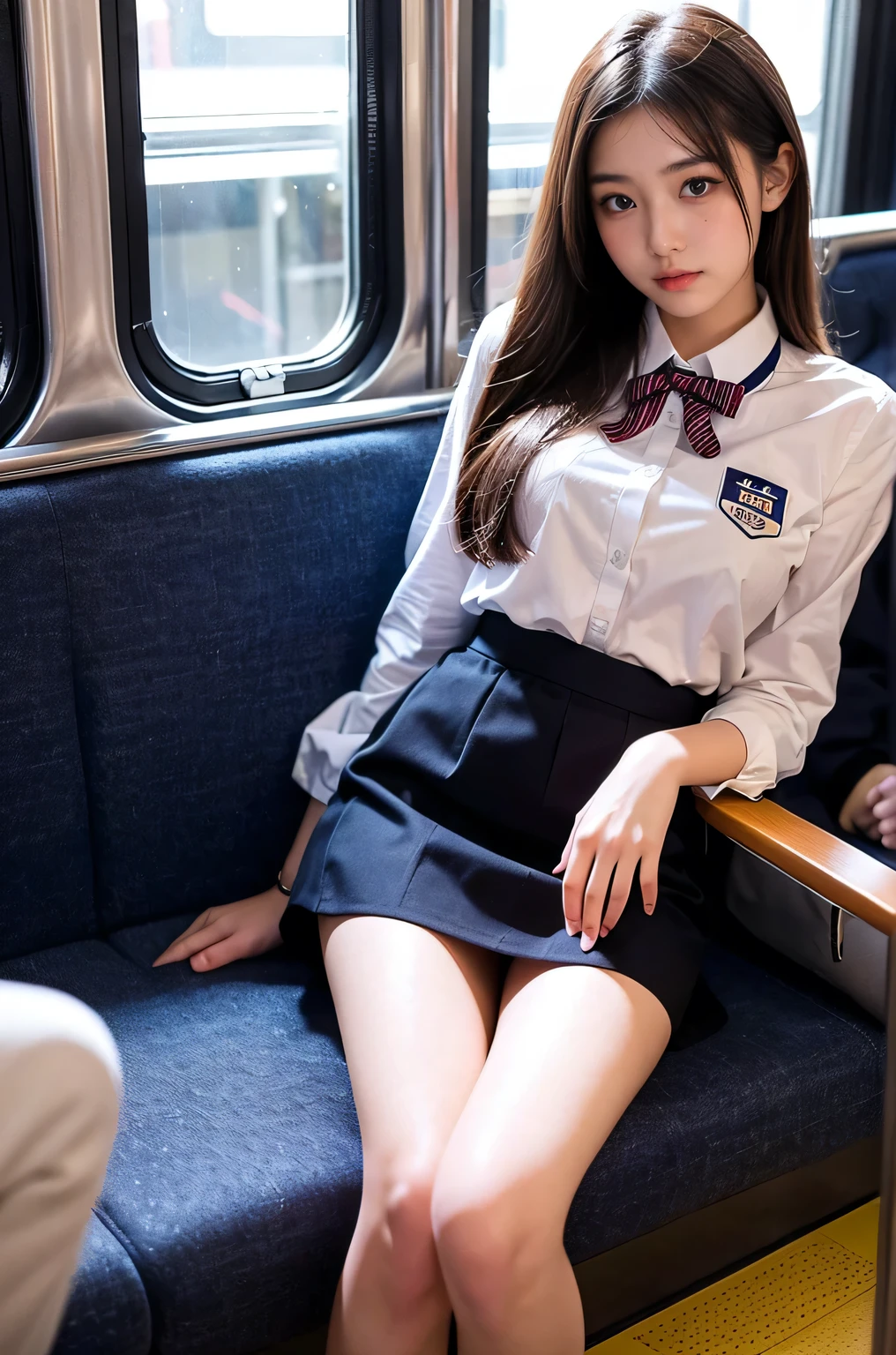 1 female、alone、(super beautiful)、(beautiful face:1.5)、bus guide、(spread your legs)、(show me your white panties:1.1)、bus guideユニフォーム、(white collared shirt:1.5)、(Tailored jacket:1.4)、(mini skirt:1.3)、(Satin scarf:1.5)、(Thin white gloves)、high heels、have、(Bus seats)、(At SFW:1.6)