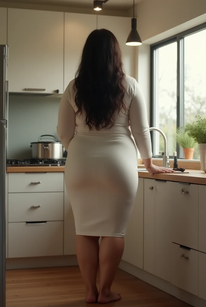 Standing in the kitchen of the vacation home., Looking through the window, wearing a warm and cozy outfit, big butt, fitted dress, He is not looking at the camera, he has his back to the camera