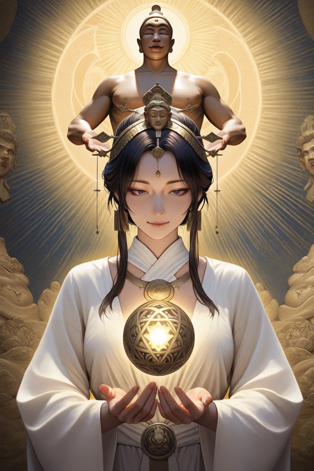 Contemporary art or abstract representations that combine elements of Buddhism and concepts of moral struggle.