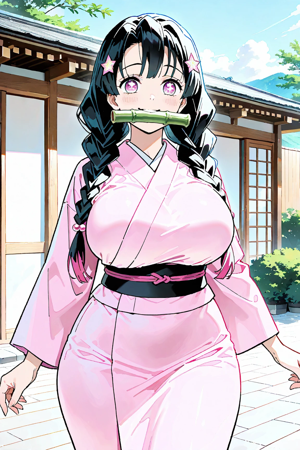 Tanjiro kamado female from kimetsu no Yaiba wearing a very small bikini that hides between her huge breasts and her huge ass dripping semen from her mouth and her huge breasts 