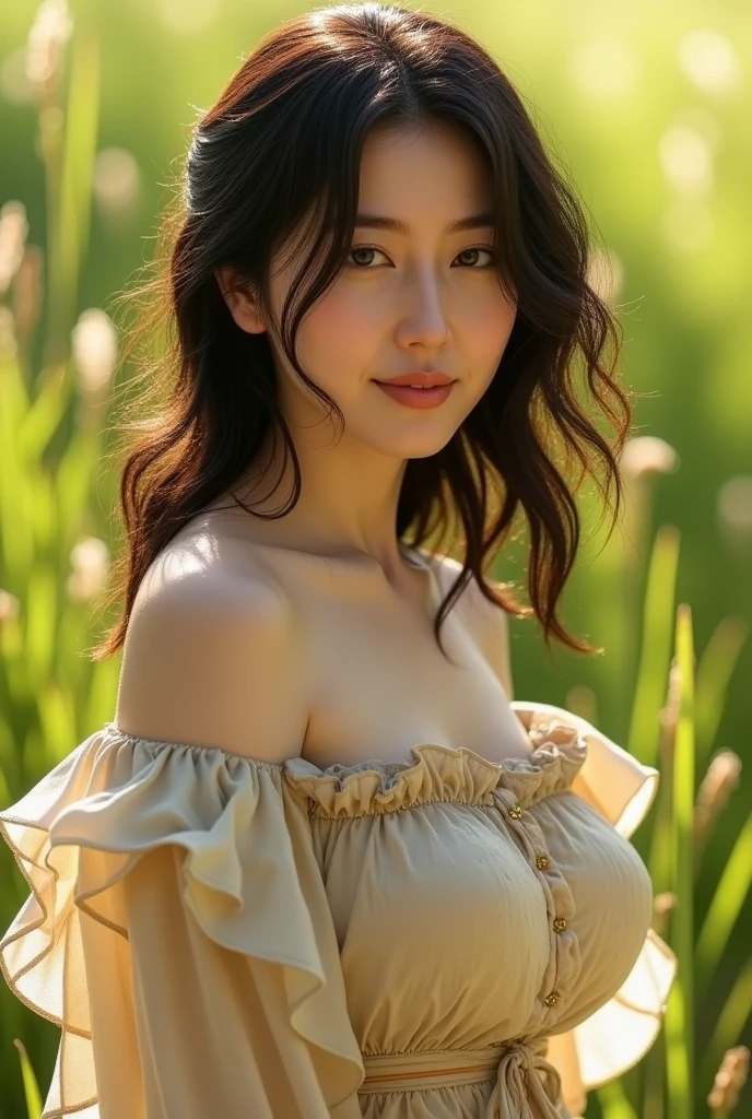 (((unity 32k wallpaper,Raw photo,At 32K、Super highest resolution、Super best image quality、super highest quality、32K resolution、photorealistic1.5、Sharpest image quality、clear image、マスターmasterpiece、People photography:1.photorealistic, masterpiece: 1.hotorealistic、sharp focus、high definition,An illustration、Super fine、Fine、perfect dynamic composition、))),受賞歴のあるAn illustration、(intricate details: 1.2)、(Delicate details)、(cinematic light、bloom、sunshine、ray tracing、detailed shadows)、clear lines、sharp focus、official art、incredibly absurd、huge file size、Super detailed、very detailed、very delicate and beautiful、RAW photo、light shines on your face、Depth of bounds written、solo focus、(Wind:1.1)、1 girl、smile、(Standing position:1.2)、(big breasts、cleavage)、(detailed face、beautiful eyes、beautiful detailed lips、long eyelashes、realistic skin、white skin、delicate skin texture、long hair)、small earrings、pendant))、((null、grassland、sea of flowers))、pureerosface_v1、ulzzang-6500-v1.1、(((squat、smile、picking flowers、low angle 1.3、Angle 1 from below.4)))