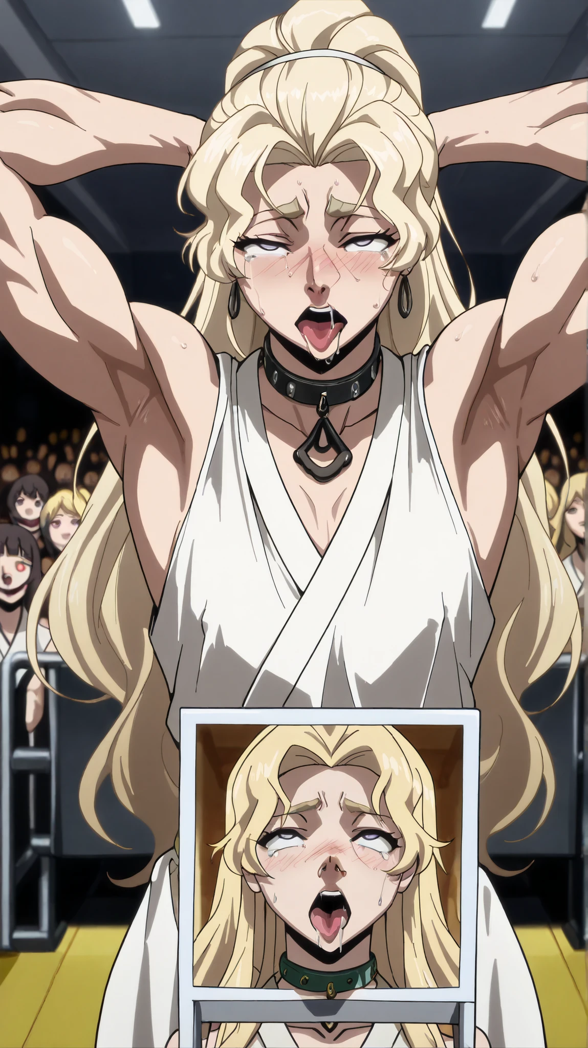 The close-up of her face was very beautiful, Beautiful woman :1.3,tall, ( Shoulder width ),(Thick arms), (肩膀muscles),( looking at the audience ), ( Turning to the Audience ) , (small head), (Thick Arms) , (Very small head) , ( Small face ),( raise arms ), (( 举起她的2个胳膊并exposed armpits)) , ( exposed armpits ), More Sweat , (((White Sleeveless Kimono))), open mouth ,Her whole body is powerless, (She loses consciousness), ( her gaze is completely up), ( Eyes up) (half-closed eyes),(Show only white eyes),(no eyeballs),( The gray-white pupil shrinks ),( muscles:1.2), Very tired , despair,Being hypnotized , (drooling), tears, (hollow eyes), ( in her nose), ( Nasal urine :1.3), ( her nose urinate a lot :1.7), (A full nose) ,( blonde ponytail ), (Dog collar ) , saliva, saliva拉拔, Then spit out my tongue , ((and roll your eyes )) , strong body, ((ahegao)), , Handsome, warrior:1.2, Sharp eyes, (( masterpiece, about, 最tall画質, tall分辨率, Reality, original photo, 8,000)), ((Extremely Fine CG)), (Solemn photo of the goddess, front perfect figure , Beautiful Pose , ), masterpiece, about, Solo,Shamna, Anime Coloring , ponytail long hair , blush, Lipstick,y girl, Bad Woman, charming ,masterpiece, Best Quality, tall度详细的 ,Expired ,womanhood,
