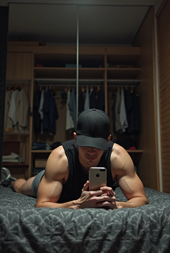 A 29-year-old Korean man standing in front of his bedroom mirror, with his muscular and toned hands and arms, showing the veins clearly marked on his skin. It is possible to see how the man is taking the photograph with his cell phone, with a flirtatious expression on her face because of her effort in doing the push-ups. The photograph has good framing and focus, showing all the details of his hands and arms, with veins clearly standing out due to push-up exercise. The man is of thin and athletic build, clear skin, dark brown hair, dark brown eyes, some freckles around the nose and forehead, and a mischievous and attractive smile.
