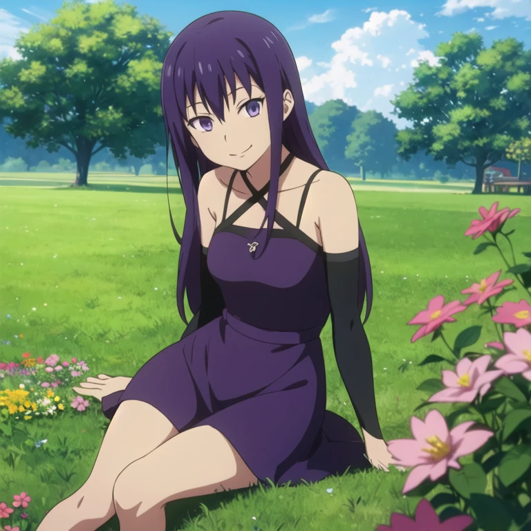 a woman in a black and green dress, purple hair, orange eyes, in a garden, smiling
