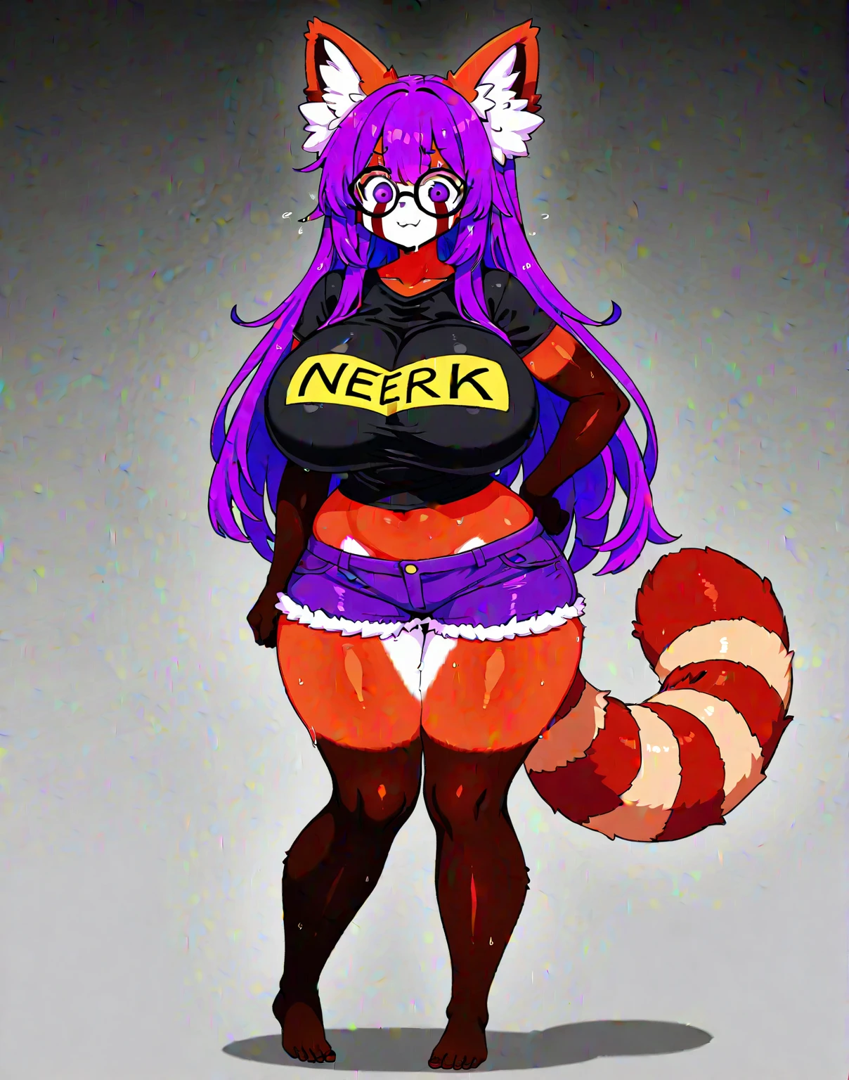 very high resolution, absurd res, high rating, maeve \(stickybunsart\), lewdorangetea \(artist\), 1girl, animal ears, black hair, blonde hair, bouncing breasts, breasts, breasts apart, breasts out, cameltoe, choker, clothes writing, crop top, cum dump, fuck-me shirt, huge breasts, long sleeves, looking at viewer, micro panties, multicolored hair, navel, nipples, public, public exposure, public nudity, purple eyes, side-tie panties, slim waist, tail, thick thighs, thighhighs, two tone hair, unaware, wide hips