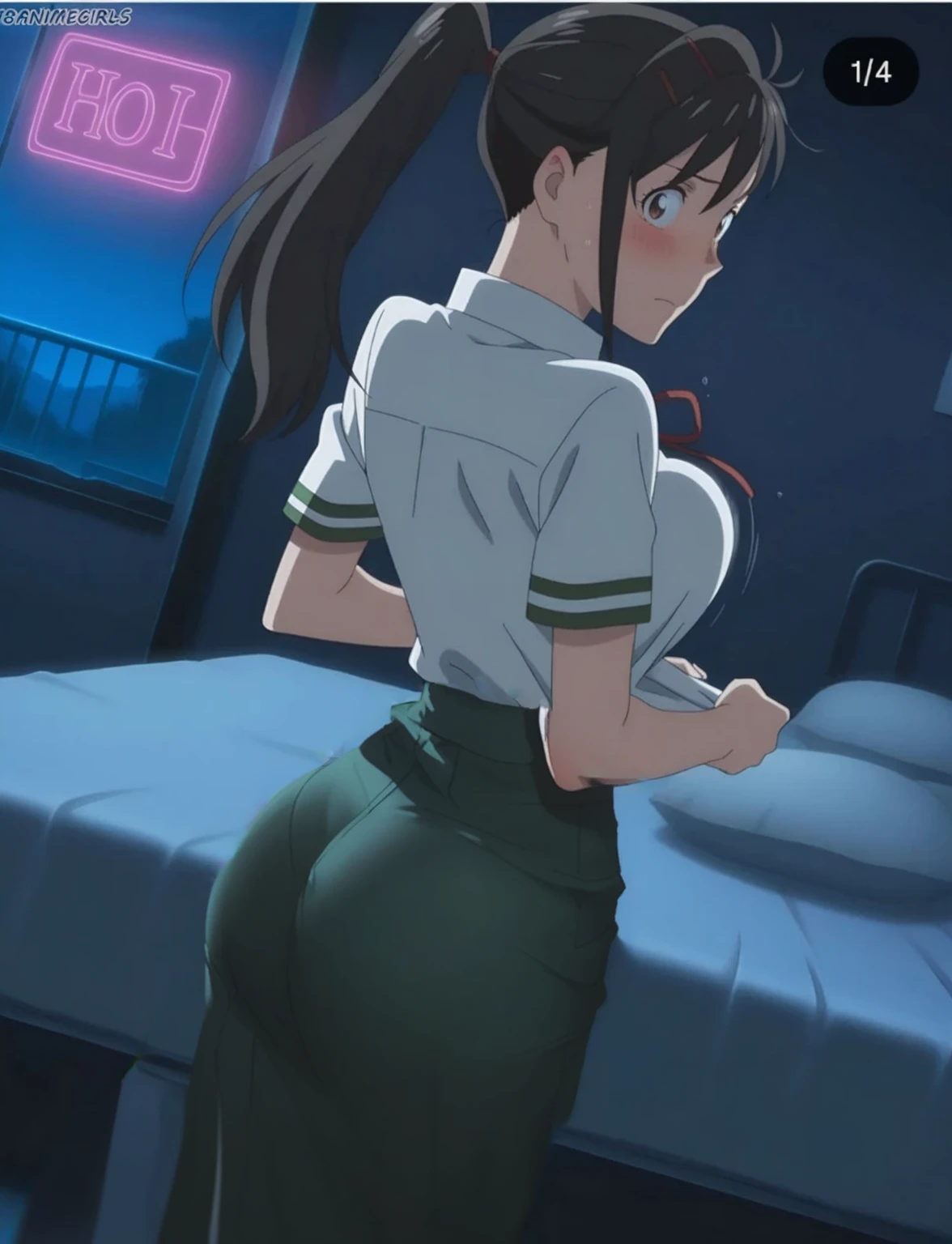 1 female、woman with very long black hair、Busty women、Spectacular views、Night Scene、The view from the top of the hill、Full moon night sky、swirling starry sky、8K、Best Quality、The woman's whole body is in the photo、The woman is wearing a miniskirt and her crotch is visible.、Standing motionless in golf wear, staring at the ball、Back view of a man standing on the green、I can see your ass、T-back panties are visible