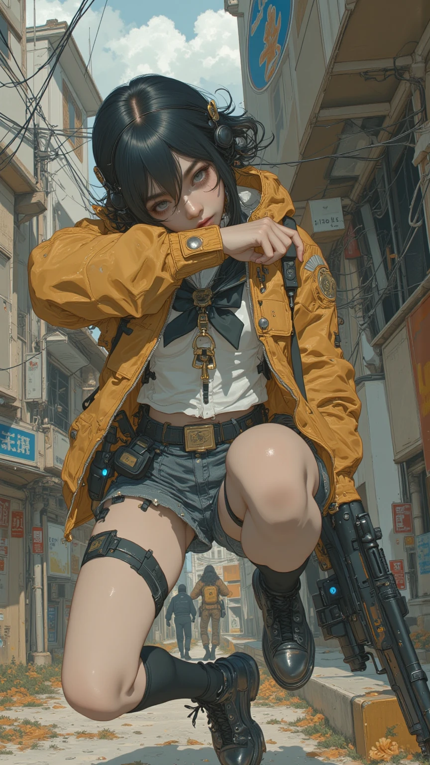 (detailed), (((robot girl))), ((robot)), (Arabic characteristics), ((brown sheepskin jacket)), ((pelo negro rizado free hair)), ((free hair)), (calm face), ((black high boots)), (((whole body))), ((in a cyberpunk slum without humans)), ((women)), ((only one person)), (At noon), (((naked))), ((((vagina visible)))), NSFW