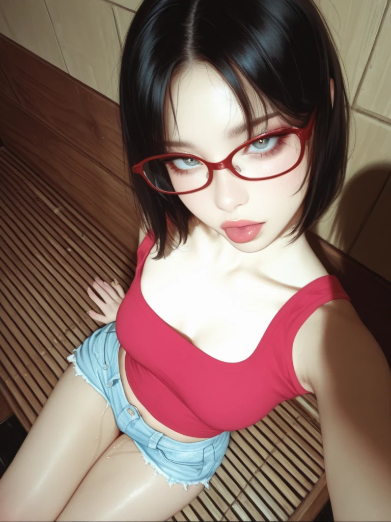 (Child face:1.3, Adorable girl), Red and blue hair, Very short hair, Silky hair, Wearing black eye glasses, (Official Art, Unity 16K Wallpaper, Masterpiece, Best Quality, Ultra-detailed, Extremely details CG, Caustics, Cinematic lighting, Detailed, Beautiful detailed eyes, Solo, Oily skin, Most beautiful form chaos), Ultra High Resolution, Fine skin, (Petite and small tits), (strong lights), ((Brighten the subject)), Selfie focus, Adorable girl, Happy face, Sit on bed, Focus from above, lewd poses, naked, naked, naked, naked, naked,