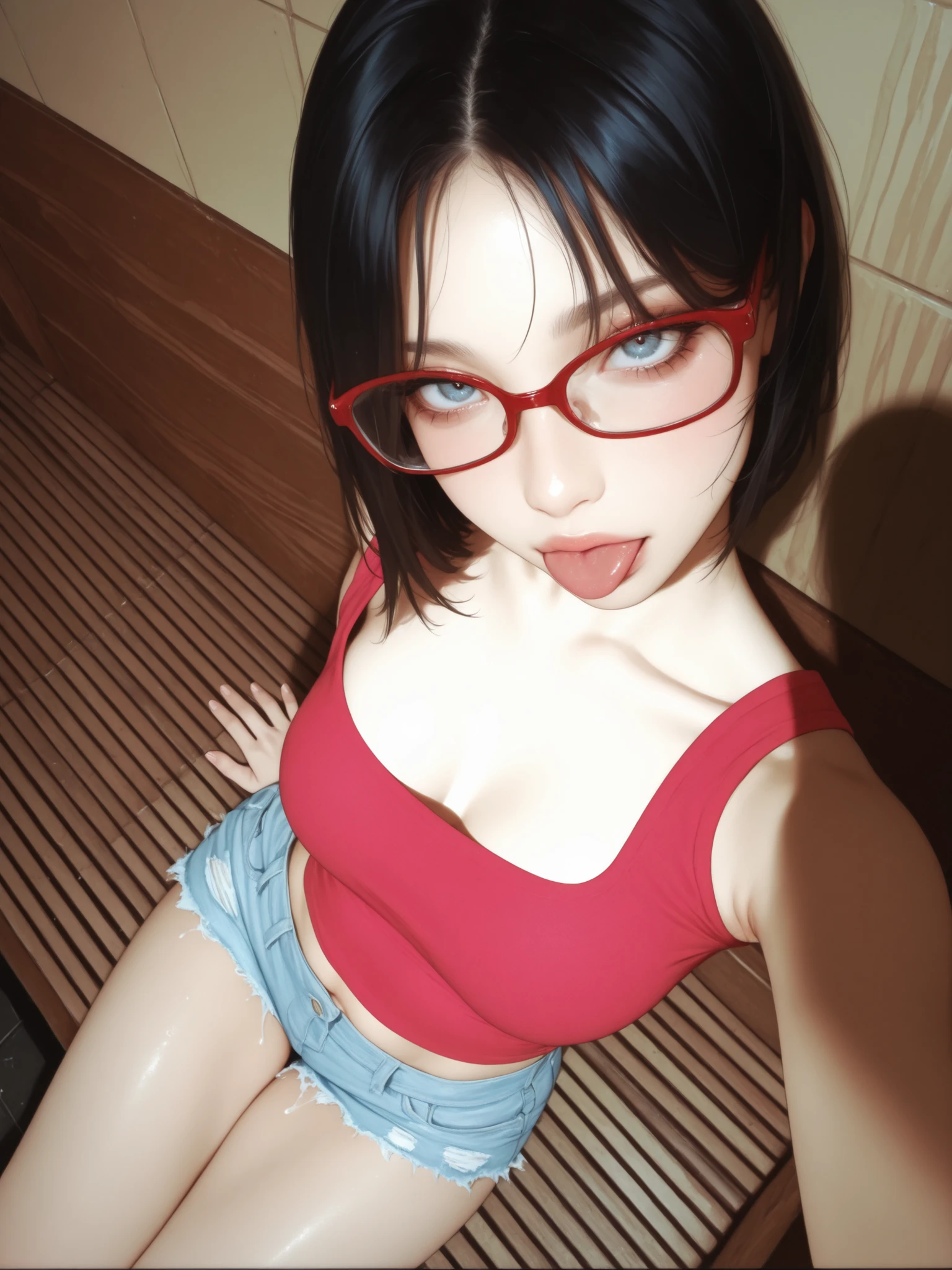 masterpiece, best quality, 8K wallpaper, HDR, octane rendering. A girl with glasses:1.6, with black cropped t-shirt, plaid pleated mini skirt, sandals, (Messy short hair with long sides, hair with red highlights, shiny black hair:1.2), (Beautiful and detailed face with perfect symmetry), (Big eyes, bright eyes), (Beautiful and detailed red eyes:1.2), (soft lips, lipstick, crazy smile, teeth:1.2), medium breasts, body covered in tattoos, (body with perfect anatomy, perfect natural texture, high details, glowing skin) cinematic lighting, vivid colors, detailed illustration, depth of field.